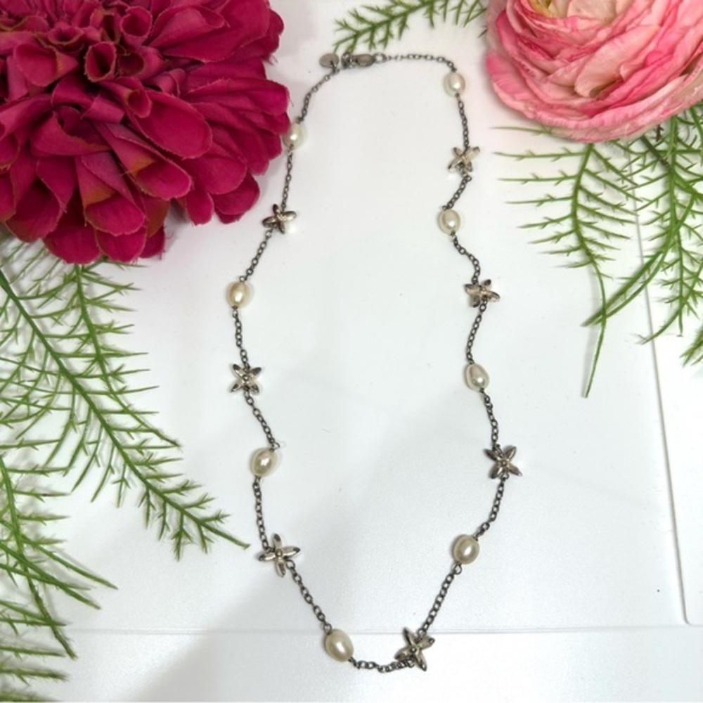 Vintage⚜️Sterling Silver & Pearl Charm Chain Necklace